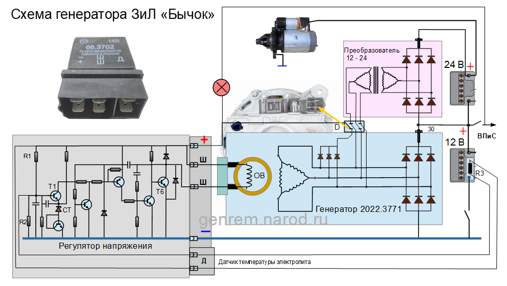 Схема подключения генератора газ 53 к реле регулятору